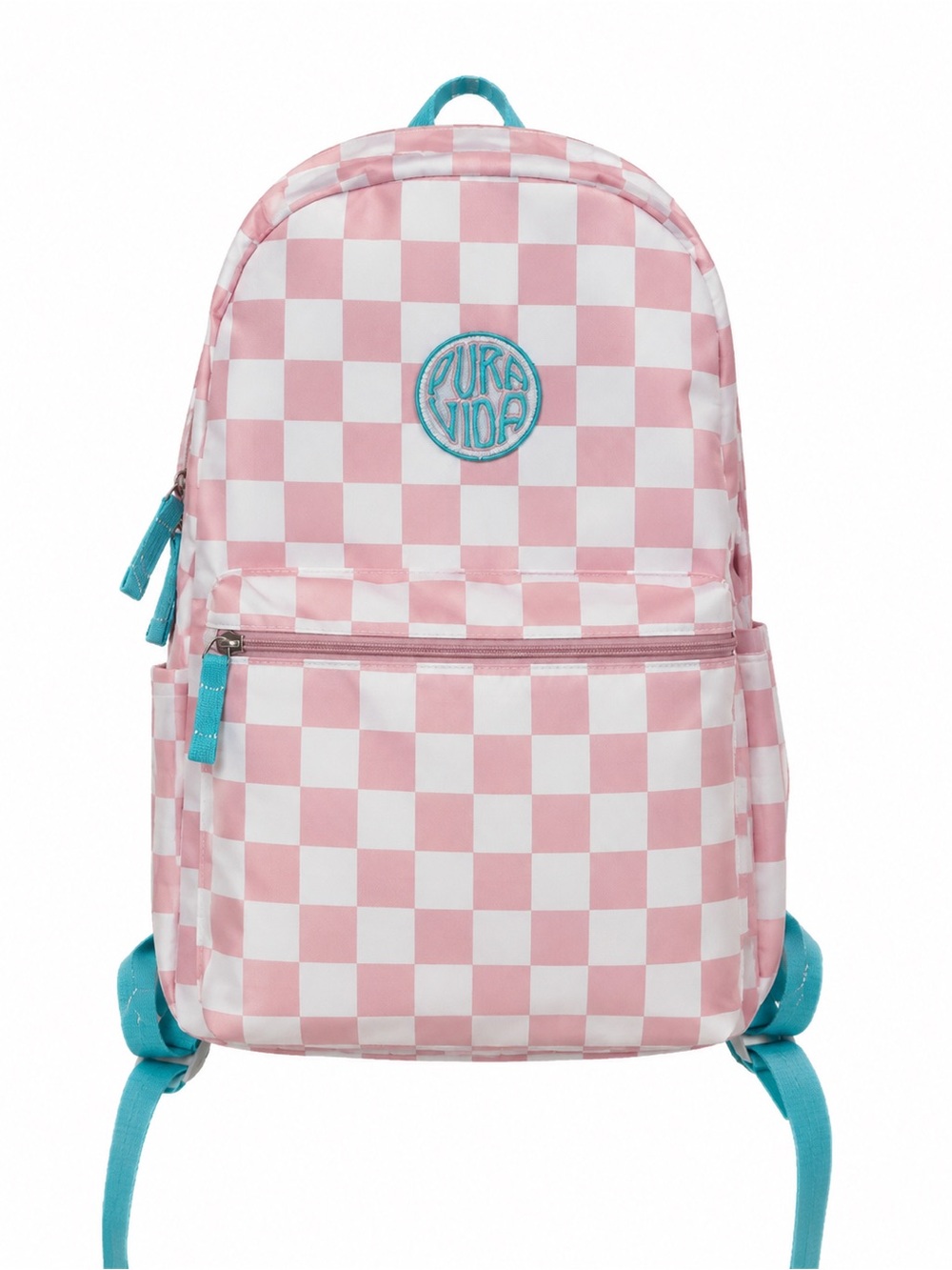 Pura Vida Pink & White Checkerboard Backpack Turquoise Straps School Bag